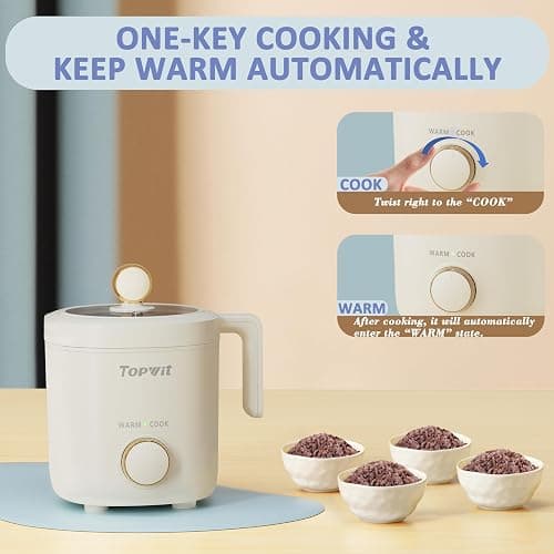 TOPWIT Rice Cooker Small, Mini Rice Cooker 2 Cups Uncooked, 1.2L Portable Rice Maker with Non-stick Coating, BPA Free, One Touch & Keep Warm Function, Beige - Beige thumbnail 4