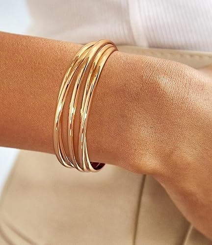 ENSKEFEN Gold Cuff Bracelet for Women Chunky Multi-layer Cross Wire Open Bracelet Hollow Wide Cuff Bracelets Adjustable Gold Open Cuff Bangle Bracelet thumbnail 4