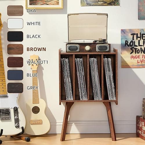 LELELINKY Record Player Stand, Brown Vinyl Record Storage Table, Patented | Mid-Century Modern Turntable Stand with Wood Legs, 4 Cabinets, Up to 100 Albums, Vinyl Holder Shelf for Bedroom Living Room thumbnail 7