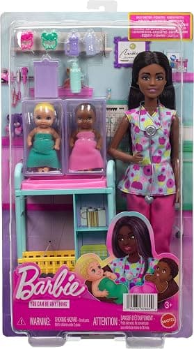 Barbie Careers Baby Doctor Playset with Brunette Doll Wearing Scrubs, 2 Baby Dolls, Examination Table & Accessories thumbnail 6