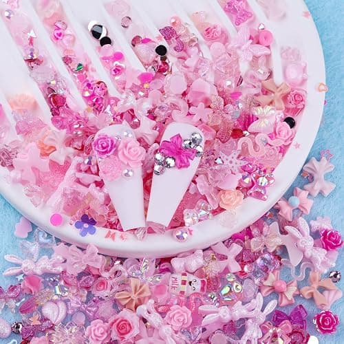 Sinyanail 300pcs Nail Art Charms Kit,Over 100pcs Mixshape Resin Gems and 100 pcs Mixed Flatback Nail Rhinestones Pearls with Over 100pcs Sequins for Women's Manicure Making (Pink) thumbnail 5