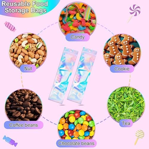 ANZNKU 100 PACK 2.7" x 9" Pen Bags Holographic Bags, Pen Packaging Bags Resealable Smell Proof Bags for Party Favor Food Storage, Cosmetics, Jewelry Packaging Candy Lipgloss Packaging thumbnail 5