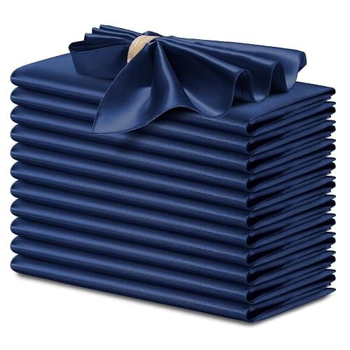 P Pothuiny 12 Pcs Silky Navy Blue Satin Napkins 17 x 17 Inches, Square Smooth Wedding Dinner Napkins Satin Cloth Napkins Table Napkins for Banquet Party Restaurant Decor, Thanksgiving, Christmas - Image 1
