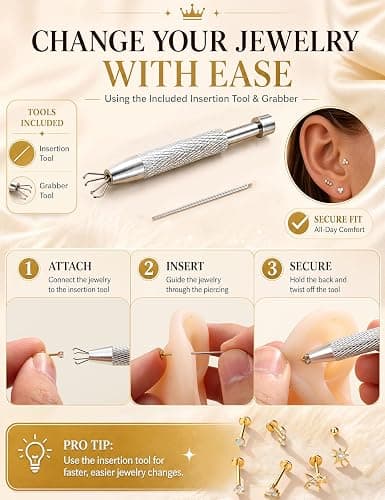 Drperfect 16G 18G Flat Back Stud Earrings for Women | Hypoallergenic Surgical Steel Internal Thread Stud Piercing Jewelry for Tragus Helix Cartilage Conch Nose Lip Medusa Piercing thumbnail 7