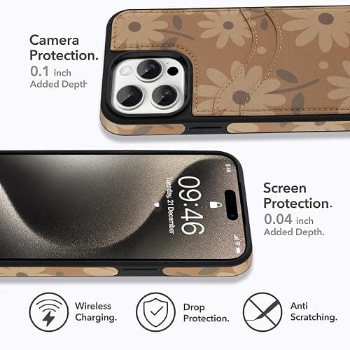 MOWIME Compatible with iPhone 15 Pro Max Wallet Case with Card Holder (2 Cards), Daisy Floral Shockproof Soft TPU Protective Cover Women Girls, Daisy Case for iPhone 15 Pro Max 6.7 Inch, Brown thumbnail 8