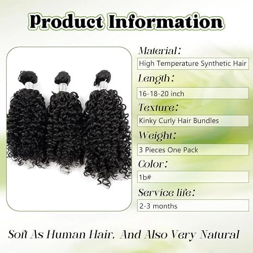 EV&ET Kinky Curly Bundles Quick Weave Synthetic Hair 16 18 20 Inches 3 Pieces/Pack Soft Heat Resistant Human Hair Sew in Extensions for Black Women Natural Black thumbnail 2