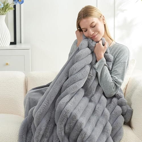 Cozy Bliss Faux Fur Throw Blanket for Couch, Cozy Warm Plush Striped Blanket for Sofa Bedroom Living Room, 50 * 60 Inches Gray thumbnail 3