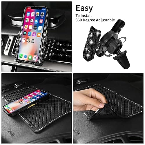 CAR PASS 30 PCS Bling Diamond Car Accessories Set for Women, Bling Steering Wheel Covers 15 Inch, Shining Rhinestone License Plate Frame, Sparkly Phone Holder, Cute Interior Set Decorations, Black thumbnail 3