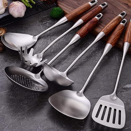 GXONE Cooking Utensils Set,7pcs 304 Stainless Steel Kitchen Utensils Set with Holder,Heat Resistant Wooden Handle Kitchen Tools thumbnail 3