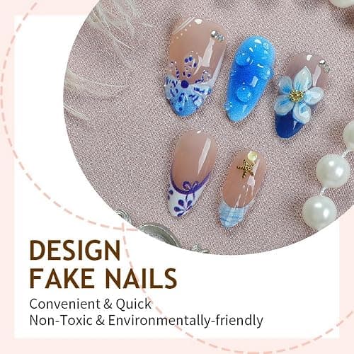 French Tip Press on Nails Medium Almond SWEKKE 3D Floral Fake Nails False Nails with Flower Stars Designs Blue Glossy Glue on Nail Summer Acrylic Nail for Women Girls 24Pcs thumbnail 4