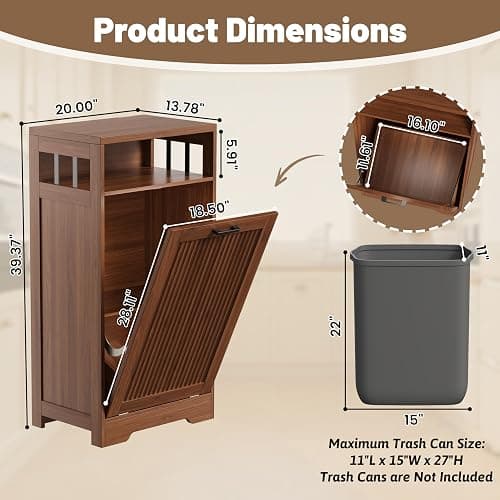 jmhdyg Pet-Proof Single 13 Gallon Tilt Out Trash Can Cabinet with Open Storage – Hide Garbage & Recycling Bins to Keep Your Kitchen Clean and Organized,Walnut thumbnail 3