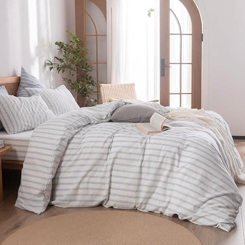 BESTOUCH Duvet Cover Set 100% Washed Cotton Linen Feel Super Soft Comfortable Chic Lightweight 3 PCs Home Bedding Set White & Cornflower Blue Stripes Queen thumbnail 3