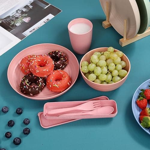 Wheat Straw Dinnerware Sets for 4, Wheat Straw Plates and Bowls Sets Kitchen Dishes 28pcs College Dorm Room Essentials Cutlery Set Microwave Safe (Colorful) thumbnail 7