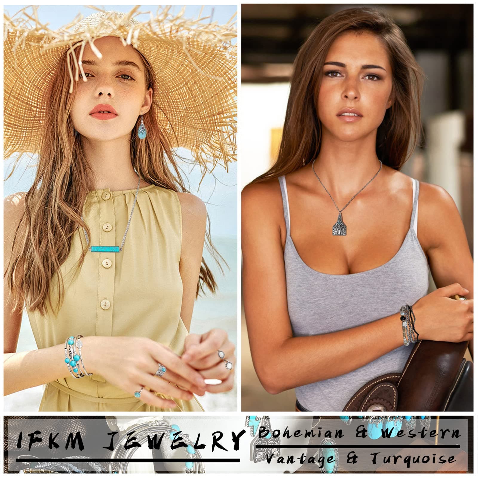 IFKM Bohemian Jewelry Set With Turquoise Necklace, Dangle Earrings, Stackable Bangle Bracelets, Knuckle Rings For Women Vintage Western Boho Turquoise Anniversary Birthday Friendship Gift thumbnail 2