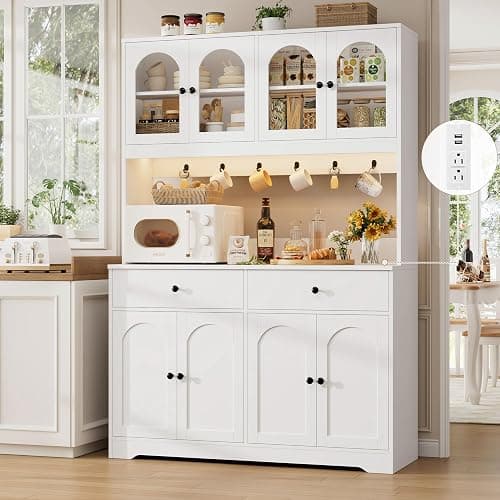 HIFIT 71" LED Kitchen Pantry Cabinet with Power Outlet, Large Kitchen Hutch Storage Cabinet with Arched Door & Shelves & 2 Drawers, Tall Modern Coffee Bar with Hutch for Home Dining Living Room, White thumbnail 2
