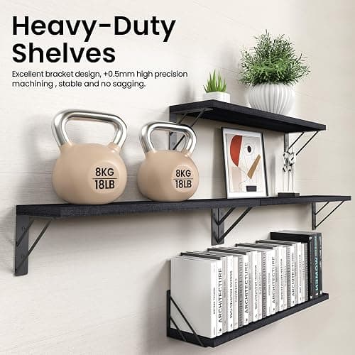 BAYKA Wall Mounted Floating Shelves, Wood Floating Wall Shelf for Books & Decor, Small Space-Saving Display & Organizer（Black，23in，Set of 4） thumbnail 5