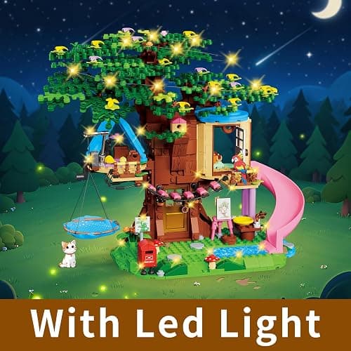 Treehouse Building Set Compatible with Friends, 731PCS Girls Forest Tree House Building Kit Toys with LED Light, Cat, Slide and Sky Hammock, Christmas Birthday Gifts for Kids Girls 6-12 Years Old thumbnail 2