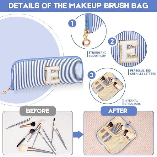Junesters Personalized Initial Makeup Bag, Embroidered Stripe Travel Cosmetic Case, Large & Small Pouch Set for Women thumbnail 4