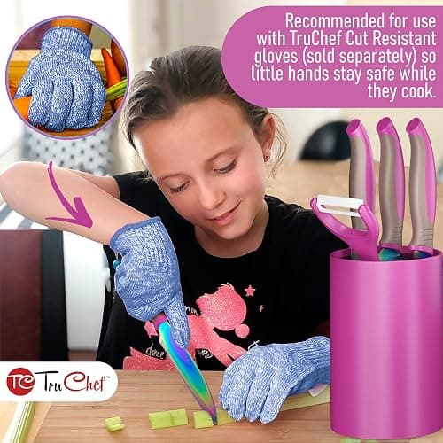 TruChef 5-Piece Kids Knife Set for Real Cooking | Stainless Steel Chef, Paring & Serrated Knives with Peeler & Holder | Safe Junior Chef Cooking Set for Kids (5 pcs, Pink) thumbnail 4