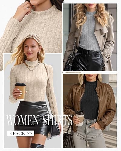 3 Pack Women's Mock Turtleneck Sweaters, Long Sleeve Ribbed Knit Tops, Fit Soft Thermal Underwear, Lightweight Fall Pullover thumbnail 2
