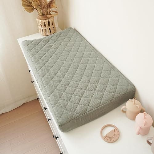 Konssy Waterproof Muslin Changing Pad Cover 2 Pack, Quilted Cotton Fitted Diaper Chang Table Cover, Soft Changing Pad Sheets for Girls Boys (Fog Green,Cream) thumbnail 9