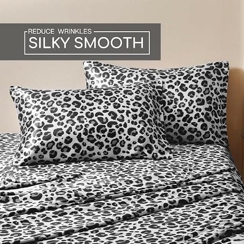 MR&HM Satin Sheets with Elastic Corner Straps, Full Size Sheets Set, 4 Pcs Silky Bedding Set with 15 Inches Deep Pocket for Mattress (Full, White Leopard) thumbnail 4