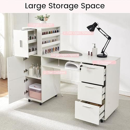 DUDUSHIMAN Manicure Table Nail Desk for Nail tech, 56 Inch Beauty Nail Table w/3 Cabinet+3 Drawers+3 Layers Open Cabinet+1 Open Drawer + 1 Power Outlet for Professional Salon Manicure Workstation thumbnail 5
