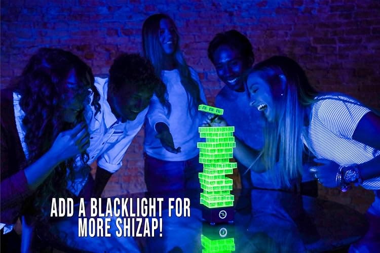 ShiZap! - Electric Shock Stacking Block Game, Plastic Tumble Tower Blocks, Shocking Tweezers, LED Base That Plays Suspenseful Music, Family Fun Party Games for Teenage Boys, Girls, Adults thumbnail 6