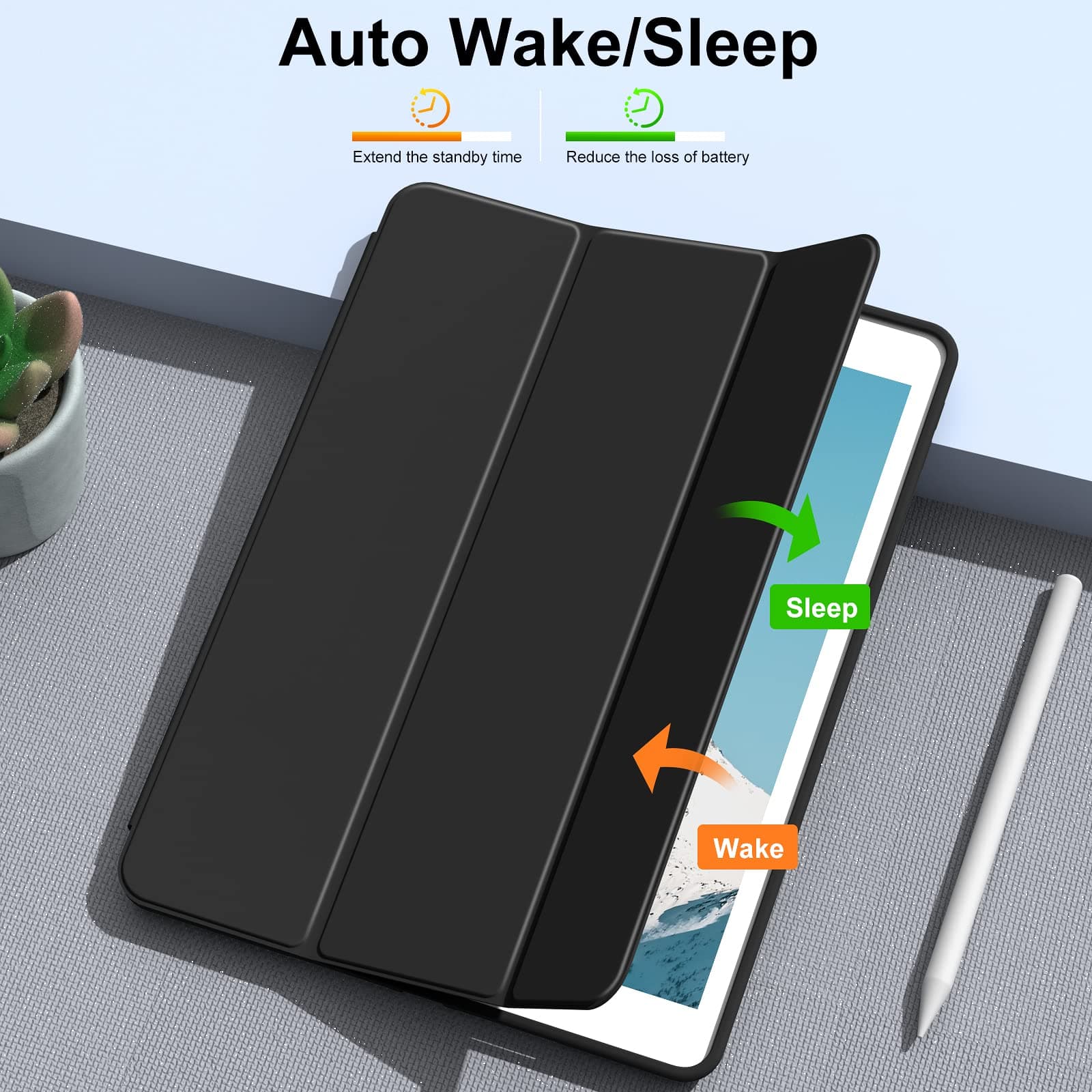 Aoub Case Compatible with iPad 10.2 Inch 2021/2020 iPad 9th/8th Generation & 2019 iPad 7th Generation with Pencil Holder, Protective Case with Soft TPU Back, Auto Sleep/Wake Cover, (Black) - Black thumbnail 4