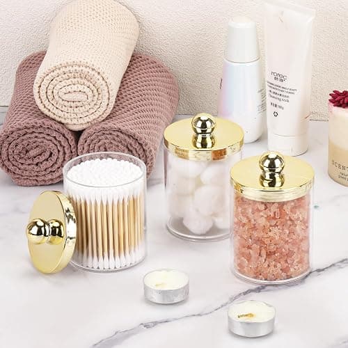 Tbestmax 10oz Qtips Holder - Plastic Apothecary Jar with Gold Lids for Cotton Swab, Cotton Round Pads, Floss - Gold thumbnail 6