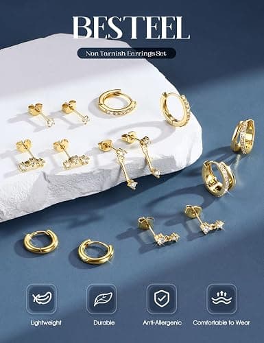 BESTEEL 7Pairs Hypoallergenic Gold Earrings for Women Trendy Small Stud Huggie Hoop Earing Stacks Set Cute Cartilage Helix Jewelry for Sensitive Ears Silver Dainty Christmas Stocking Stuffers Gifts thumbnail 5