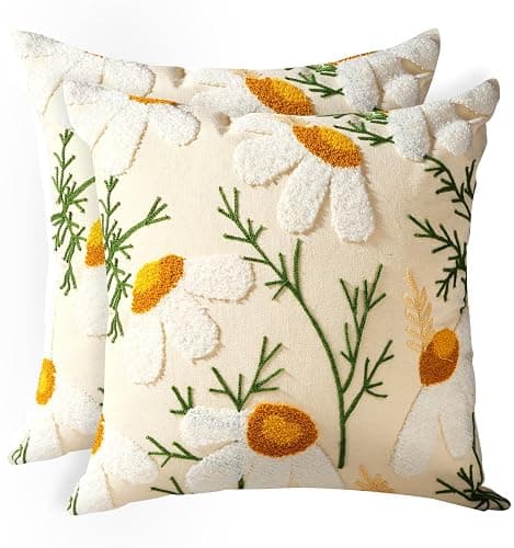 Kokaaee Embroidered Throw Pillow Covers 18x18 Inch - Set of 2 Summer Decorative Pillow Covers with Zipper Aesthetic Cute Design Throw Pillowcases for Couch Sofa Bed, Daisy - Image 1