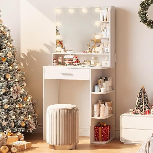 Neoriver Makeup Vanity Desk with Mirror and Lights, 26.4”Small Vanity Mirror with Lights with Large Drawer and 6 Level Storage, White Vanity with Large Led Mirror with 3 Color Lighting Modes (White) - Image 1