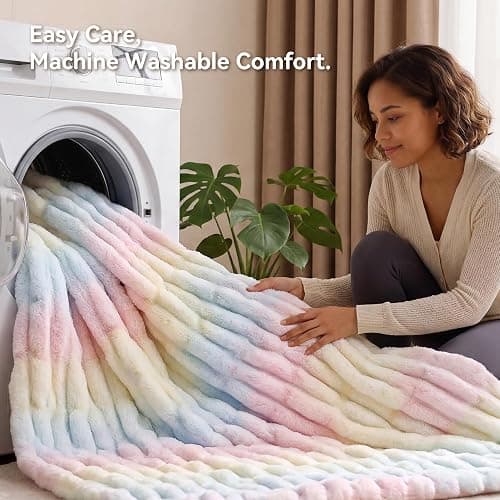Smoofy Rainbow Throw Blanket for Couch – Luxury Faux Rabbit Fur Blanket, Ultra Soft Fluffy Plush Fuzzy, Lightweight Warm Cozy Blanket for Bed Sofa, Colorful Aesthetic Room Decor Gift for Women 50"x60" thumbnail 7