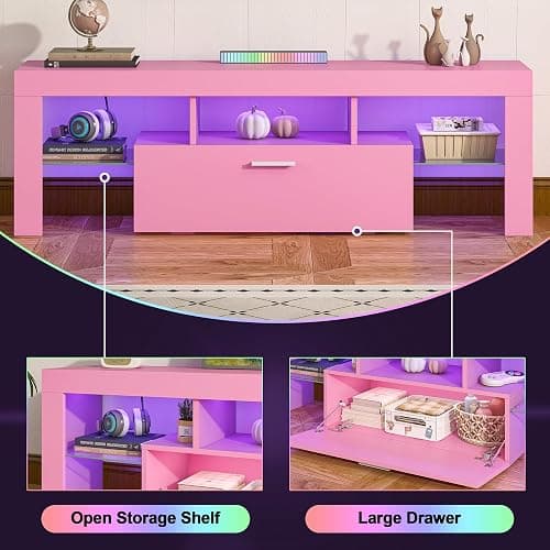 Clikuutory Modern Lighting 51 inch TV Stand with Large Storage Drawer for 32 40 50 55 Inch TVs, TV Console with 20 Color LED Lights, Entertainment Center Media and Open Shelf for Bedroom, Pink thumbnail 5