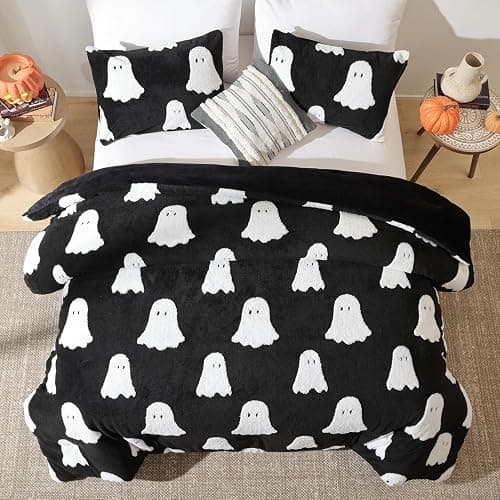 Smoofy Halloween Comforter Set Twin Size – 2-Piece Black Halloween Comforter with 3D White Ghosts, Lightweight and Fluffy Bedding Set (1 Twin Comforter + 1 Pillowcase) thumbnail 5