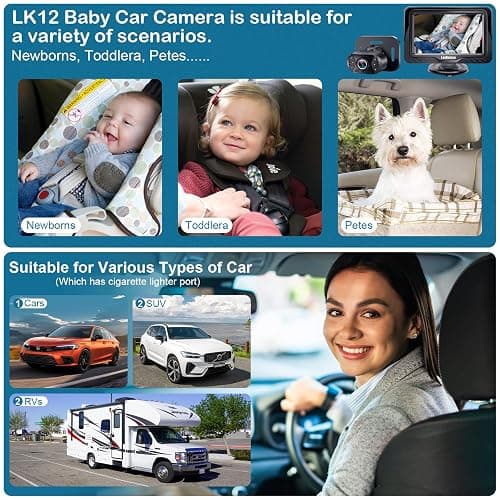 Baby Car Camera Ease Installation - Gift for Newborn Protect Baby's Eyes Color Image Clear Night Vision HD 1080P No-Sloshing Hide Lights 150° Wide View Angle for 3 Kids - LK12 thumbnail 8