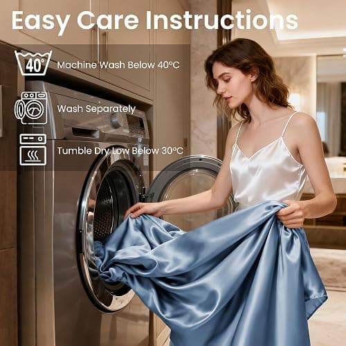 Love's cabin Satin Queen Sheets Set - 4 Piece Ash Blue Silky Bed Sheets Set with Deep Pocket, Luxury Silk Feel Satin Queen Size Sheet Set (1 Flat Sheet,1 Fitted Sheet,2 Pillow Cases) thumbnail 6