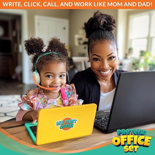 BLOONSY Pretend Play Home Office Set for Kids Ages 3-5-7 | Features Toy Laptop Computer, LCD Writing Tablet, Pop Fidget Calculator, Cell Phone, Headset & Toddlers Beverage Cup thumbnail 5