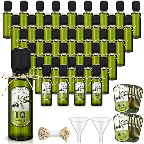 Reallnaive 40 Pcs 4 oz Mini Glass Olive Oil Bottles Empty Sauce Condiment Bottles with Dropper Inserts and Sticker Seals Caps for Gifts Kitchen (Olive Pattern,Dark Green) - Image 1