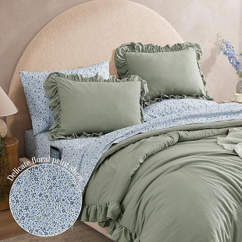BLOOMHAVEN Oversized King Comforter Sets-7 Pieces Ruffle Bedding | Sage Green Bed in a Bag, Soft Lightweight All Season Farmhouse King Size Bedding Sets with Floral Sheets, Pillowcases & Shams thumbnail 2