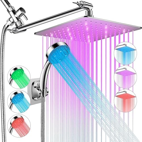 LED Shower Head with High Pressure 10'' Rain Shower Head, 11'' Adjustable Extension Arm, Color Changing Based On Water Temperature, Stainless Steel, 60'' Hose, Chrome - Chrome - Image 1