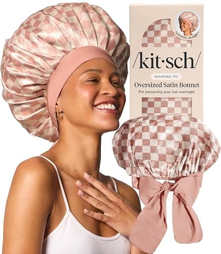 Kitsch XL Satin Bonnet for Sleeping - Terracotta Checker | Softer Than Silk Bonnet For Sleeping Women - Secure Fit, Adjustable & Prevents Breakage Hair Bonnet For Sleeping - Image 1