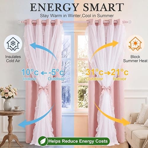PONY DANCE Pink Blackout Curtains for Nursery/Girls Bedroom, 2 Panels | Double Layer Bow Curtains with Ruffle Sheer Overlay, Cute Shabby Chic Kids Toddler Room Decor Drapes Coquette Style,W52 x L84 thumbnail 3
