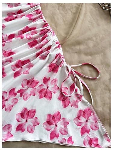 BEAUDRM Girl's Floral Halter Dress Side Drawstring Sleeveless Asymmetrical Fitted Short Dresses thumbnail 5