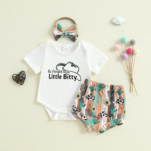 KMBANGI Western Cowgirl Baby Summer Outfits Newborn Girl Short Sleeve Letters Print T-Shirt Romper Bib Shorts Headband 0-18M thumbnail 2