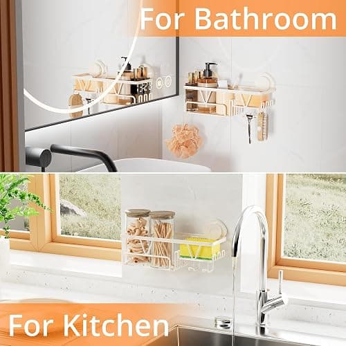 KEGII Shower Caddy Suction Cup with Soap Holder and Hooks, Removable Suction Bathroom Organizer Shelf, No Drilling Shower Organizer, Stainless Steel Shampoo Holder for Bathroom Storage, Cream White thumbnail 7
