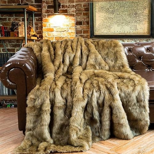 BATTILO HOME Faux Fur Throw Blanket Large Ochre 150x200cm | Luxury Fuzzy Warm Cozy Fluffy Fur Blanket for Bed, Sofa, Couch Home Decor thumbnail 2