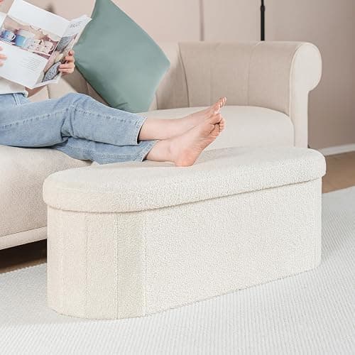 B FSOBEIIALEO Ottoman with Storage for Living Room, Sherpa Folding Storage Ottoman Foot Rest, 43.3 Inches Collapsible Bedroom Bench White thumbnail 6