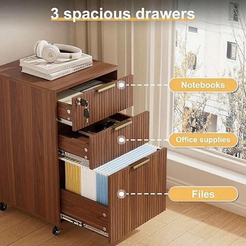 INNOD 3 Drawer Fluted Mobile File Cabinet with Lock, Rolling File Cabinet, Under Desk Wooden Filing Cabinets for Home Office (Walnut) thumbnail 4